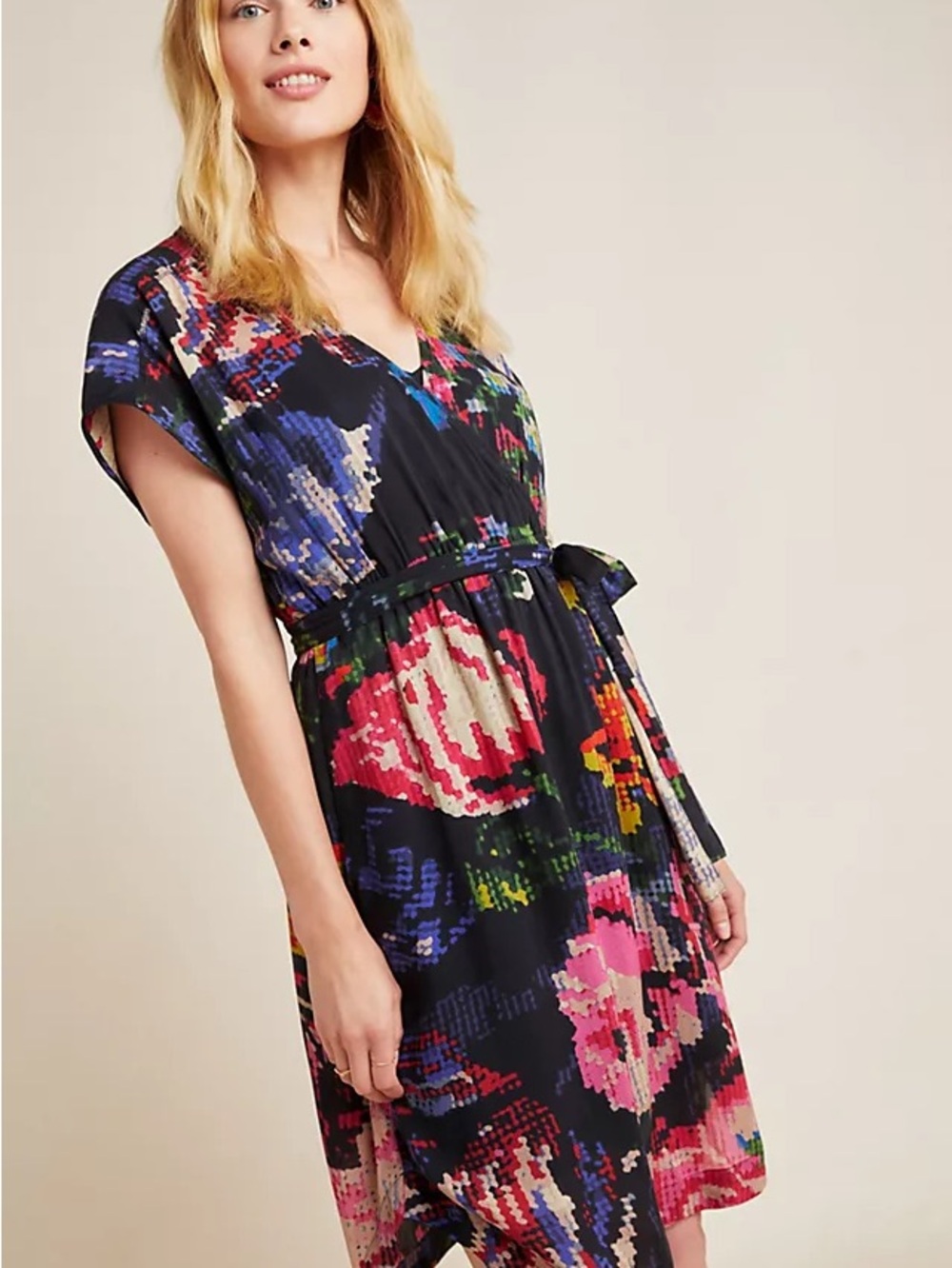Anthropologie Black Multicolor Abstract Blouse with Pink Trim